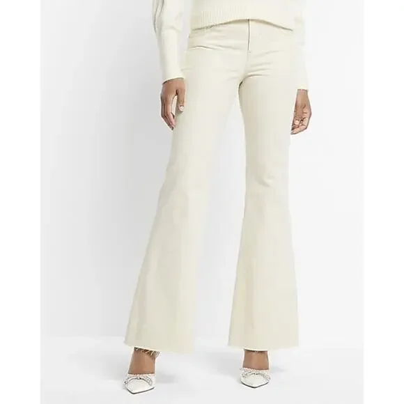 NWT Express Mid Rise Cream Raw Hem '70s Flare Jeans Size 2S 2 Short 28" x 29" - Picture 8 of 16